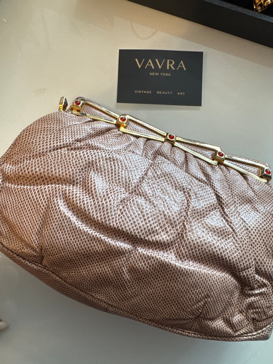 Beautiful vintage, Judith Leiber water snake clutch bag in beige with gold hardware and red cabochons. Comes with the shoulder strap.