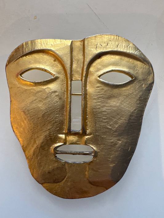 Modernist, gold tone, flat mask, brooch