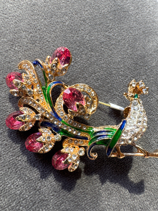1990s ornate Peacock brooch with rhinestones and enamel