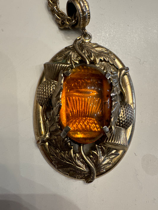 Vintage Whiting and Davis gold tone signed topaz and glass cabachon filigree leaves pendant necklace