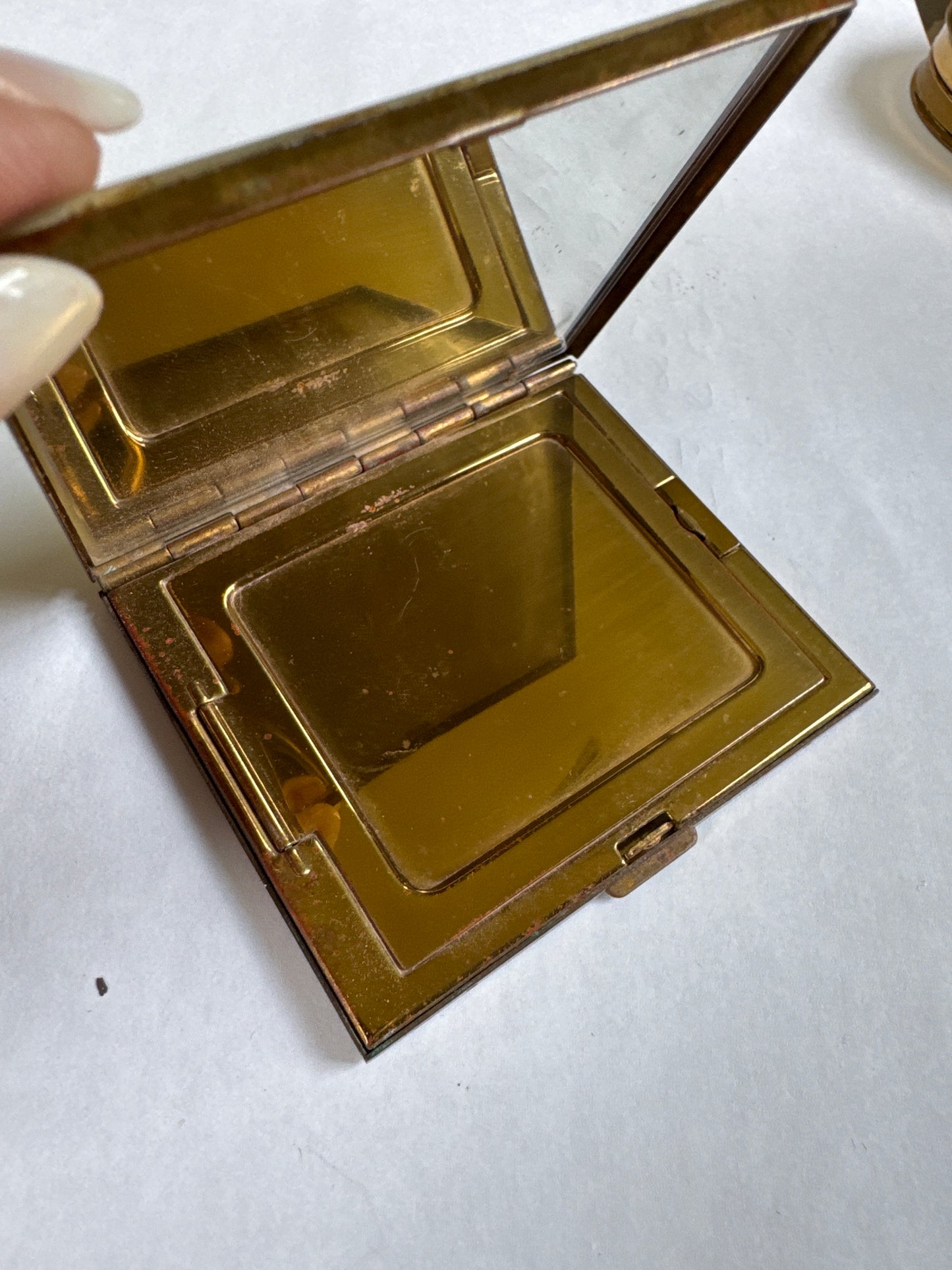 1930s mother-of-pearl and colored rhinestone powder, Makeup compact by SCHILDKRUAT