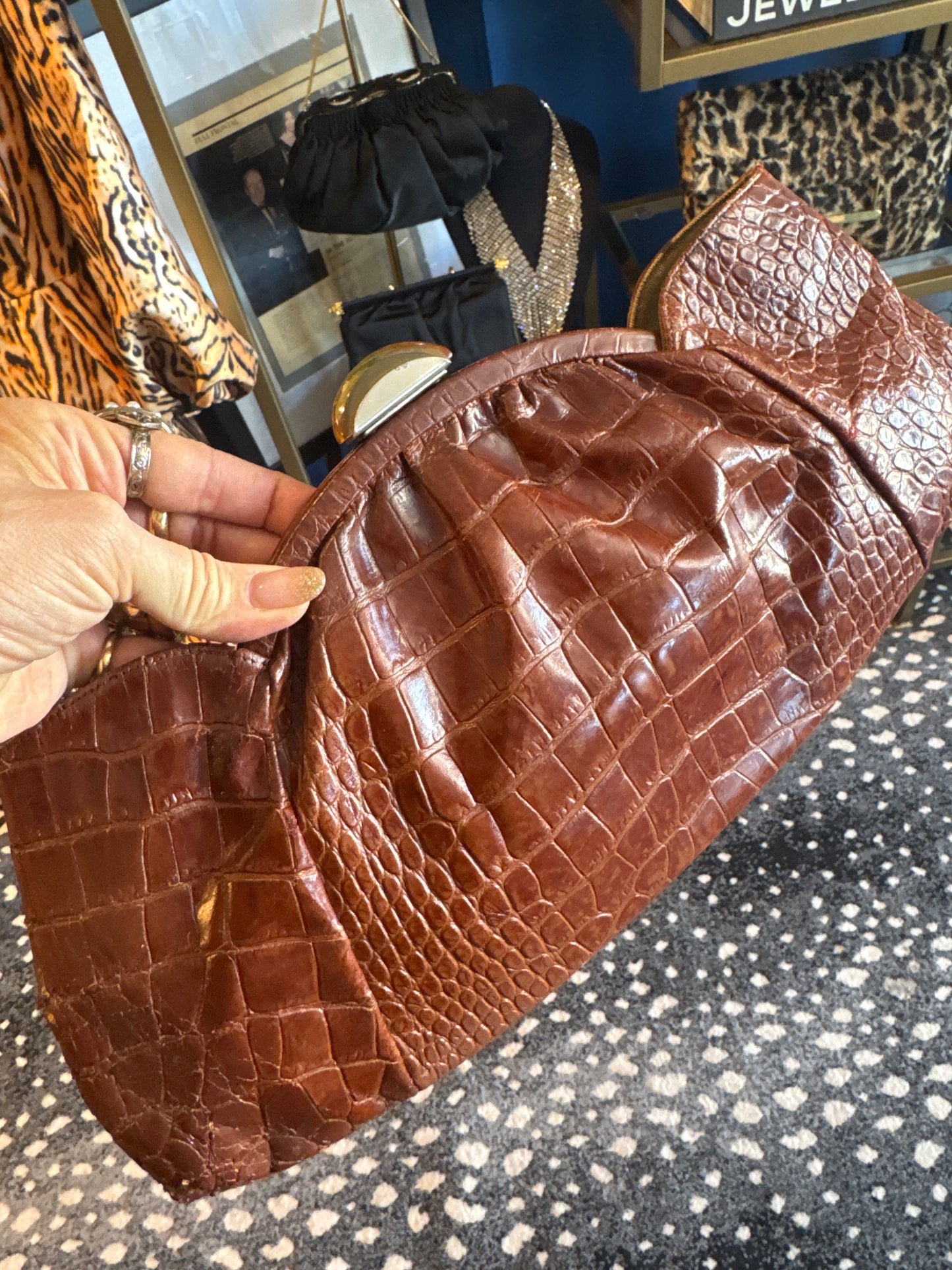 Stunning 1940s brown alligator extra long clutch with lucite clasp