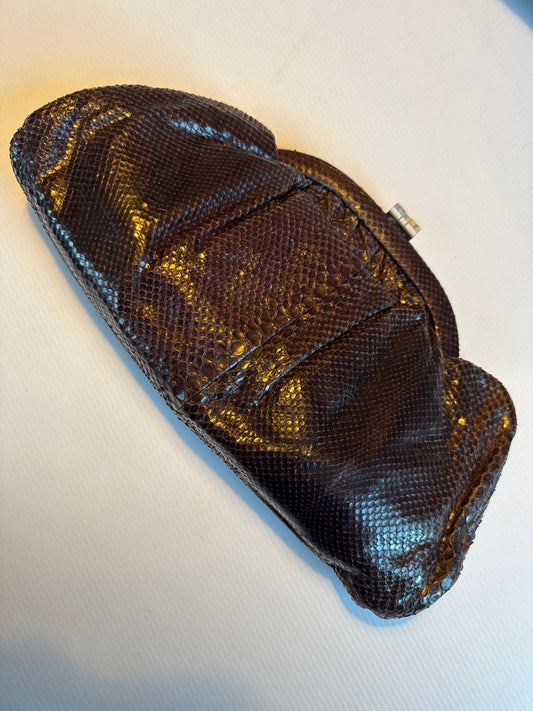 Fabulous 1940s cobra snake skin mahogany brown clutch bag with lucite top