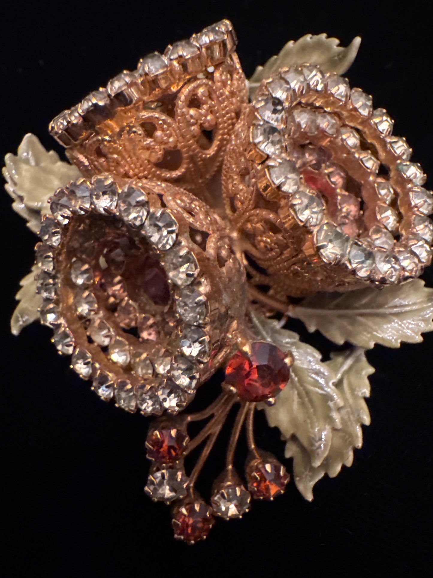 The MOST stunning brooch I have ever seen. Signed Vendome rhinestone and enamel with filagree backing.