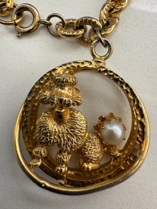 Vintage gold tone charm bracelet with poodle with pearl ~ 1950s