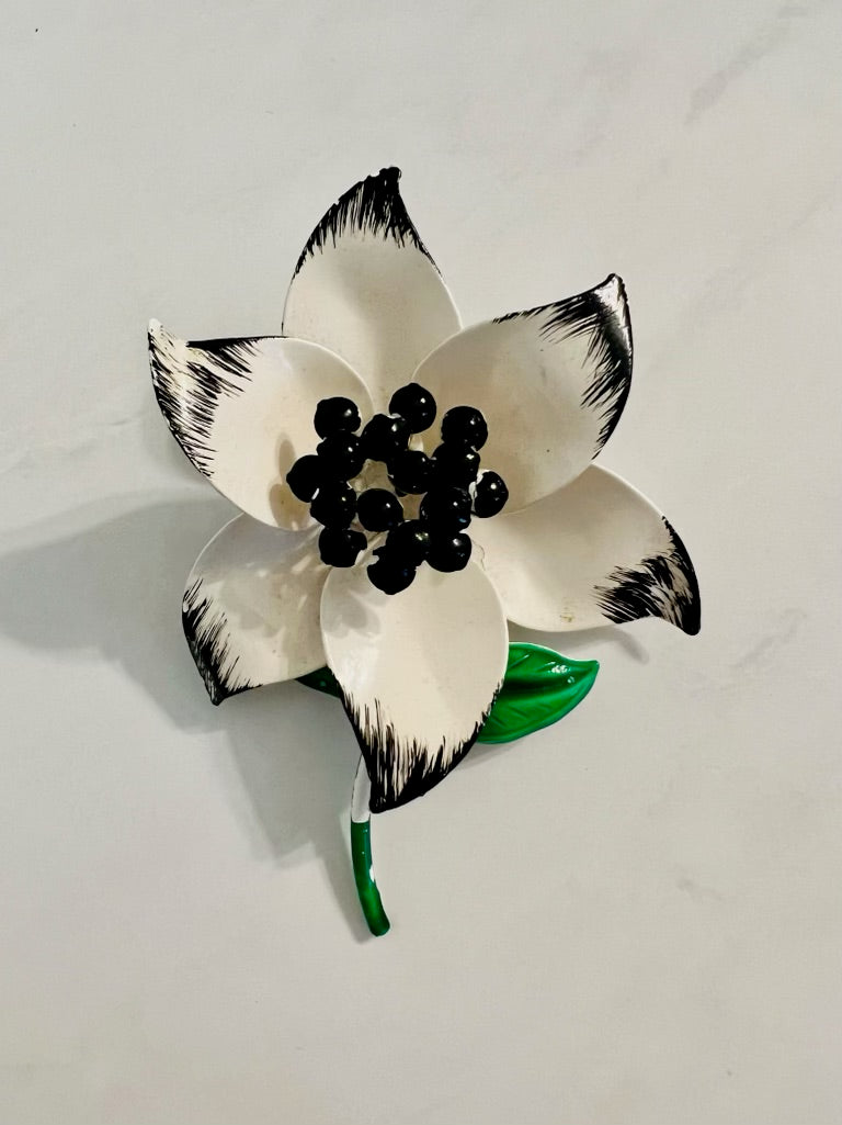 Vintage black and white flower with stem brooch