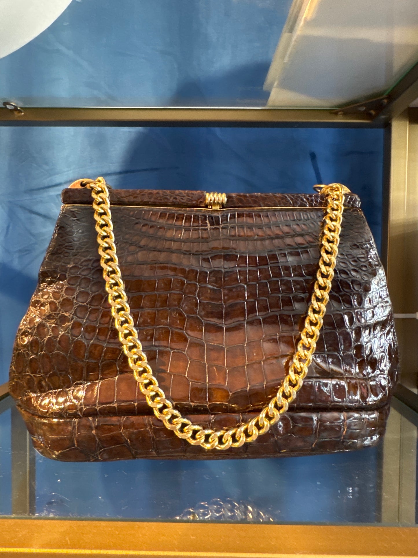 1940s alligator bag in beautiful condition, deep chocolate brown with gold hardware