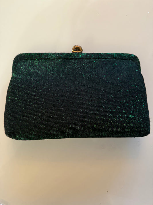 Vintage 1950s green sparkle clutch with chain and gold rhinestone clasp