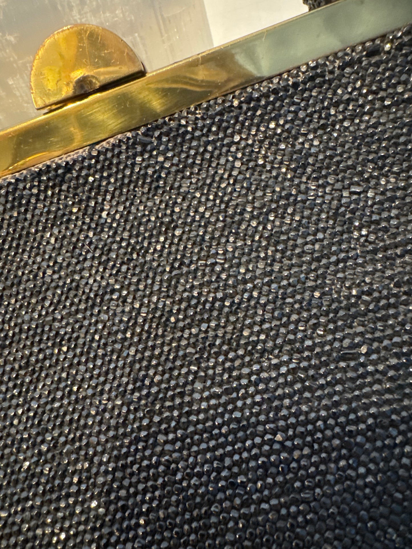 Beautiful 1940s black beaded top handle bag in mint condition with original mirror