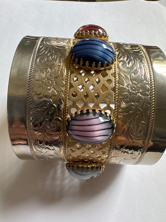 Vintage Wide Cuff Bracelet with colored  Cabochon, 21/2-Inch-Wide