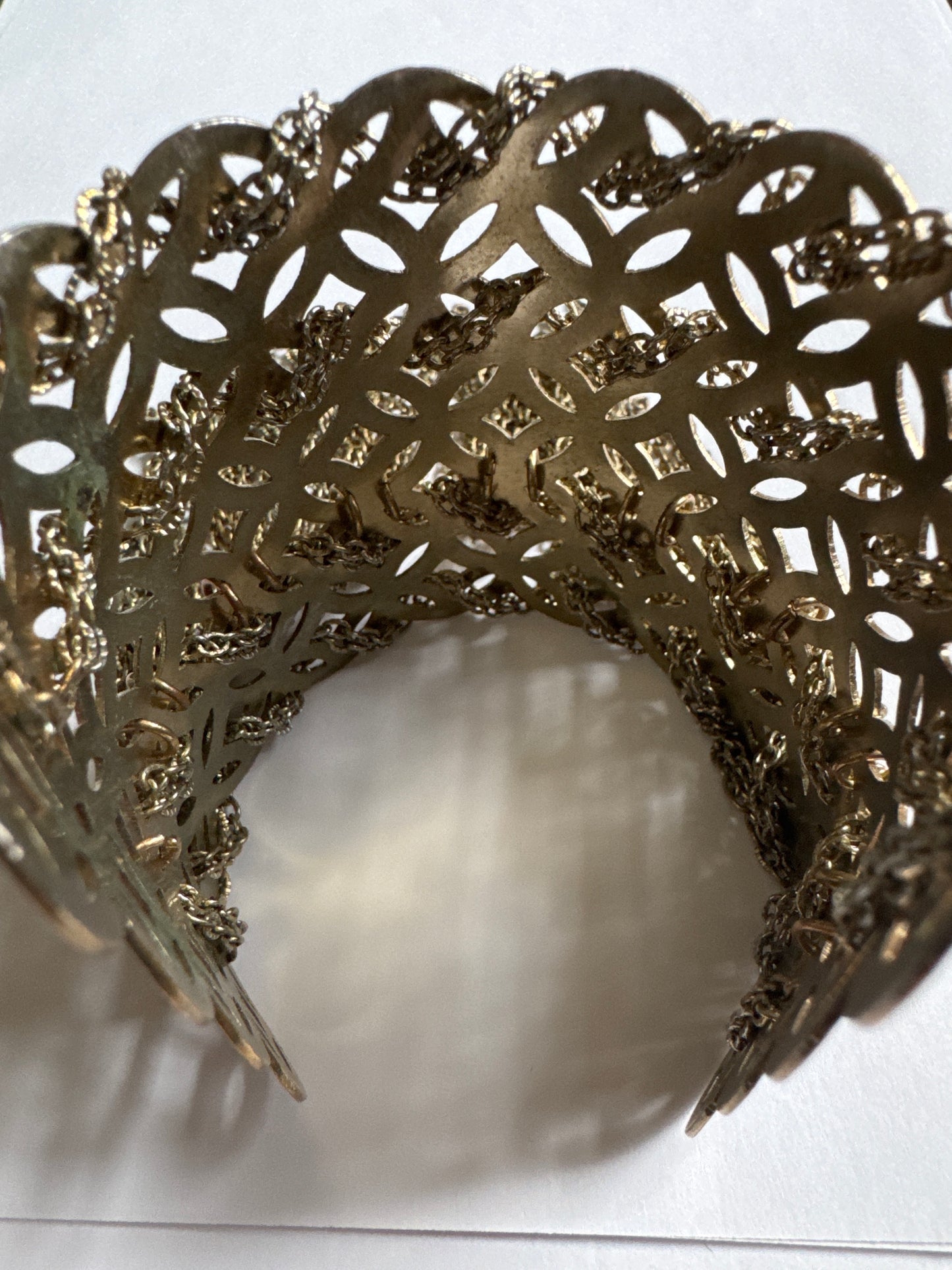 WOW! fabulous 1960s gold tone fringe tassel filigree with chain statement cuff bracelet.