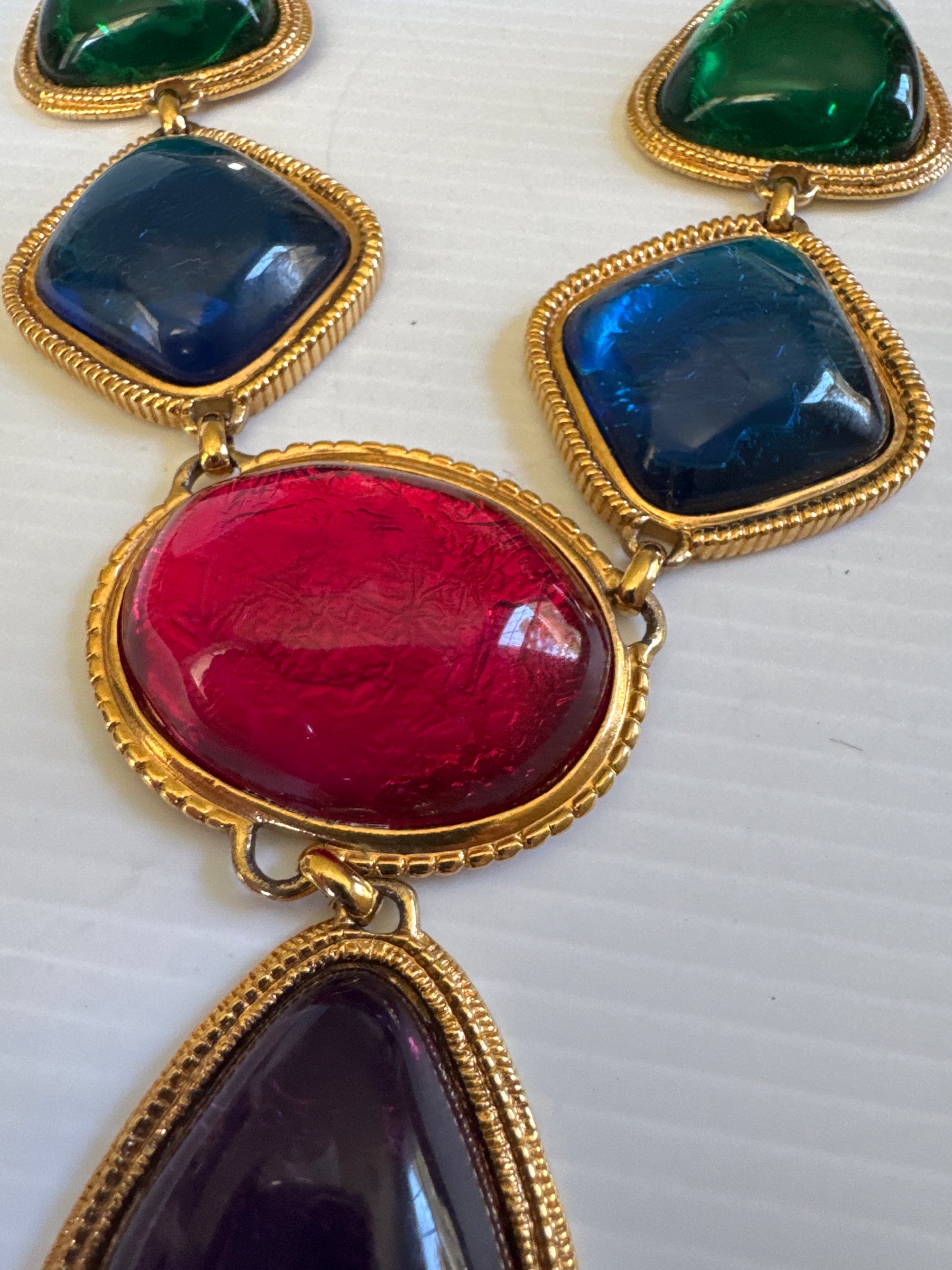 Signed KJL for Avon colored cabochon and gold tone j hook adjustable necklace ~ matching bracelet available separately