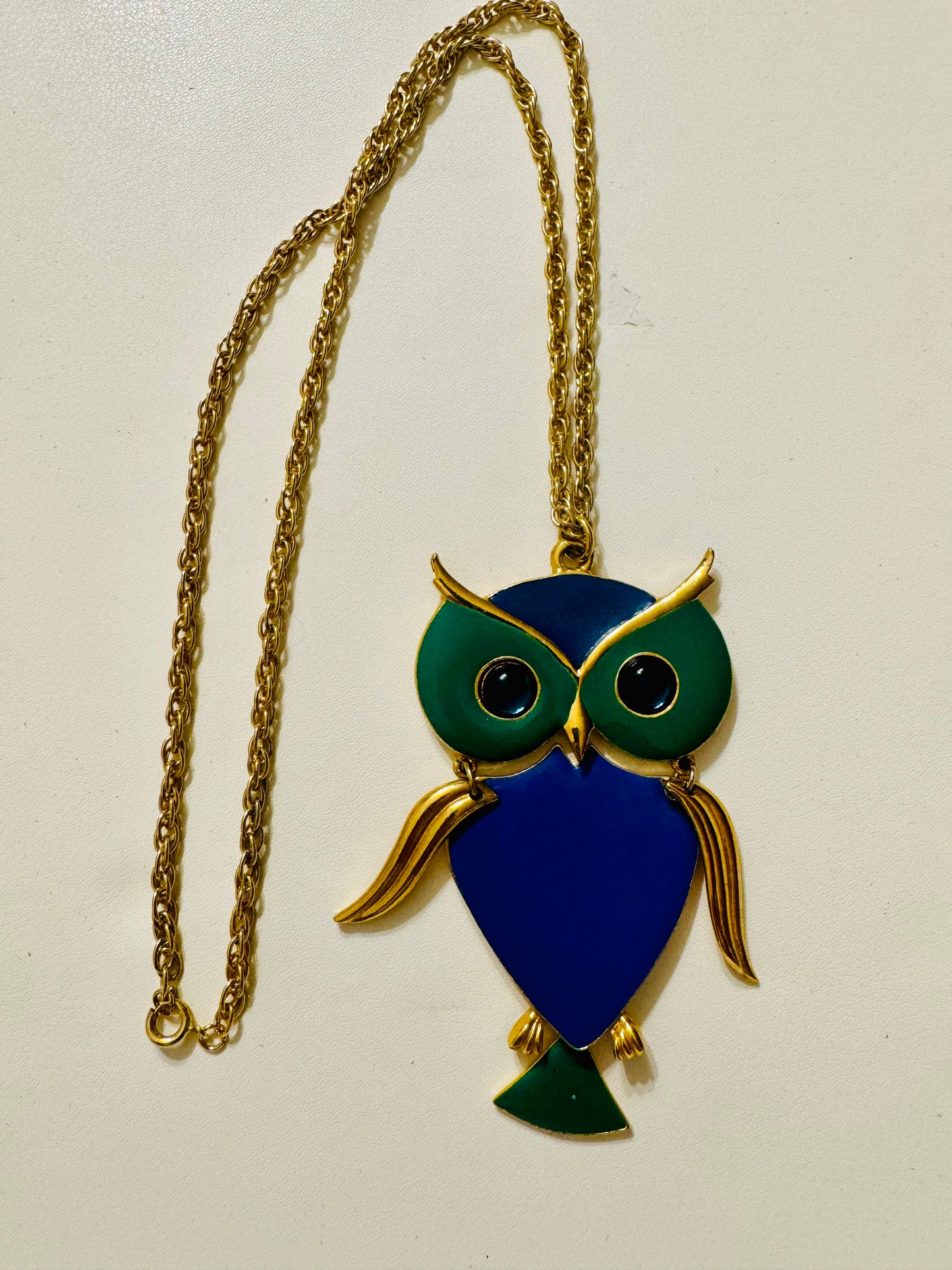 Adorable owl gold tone and enamel pendant