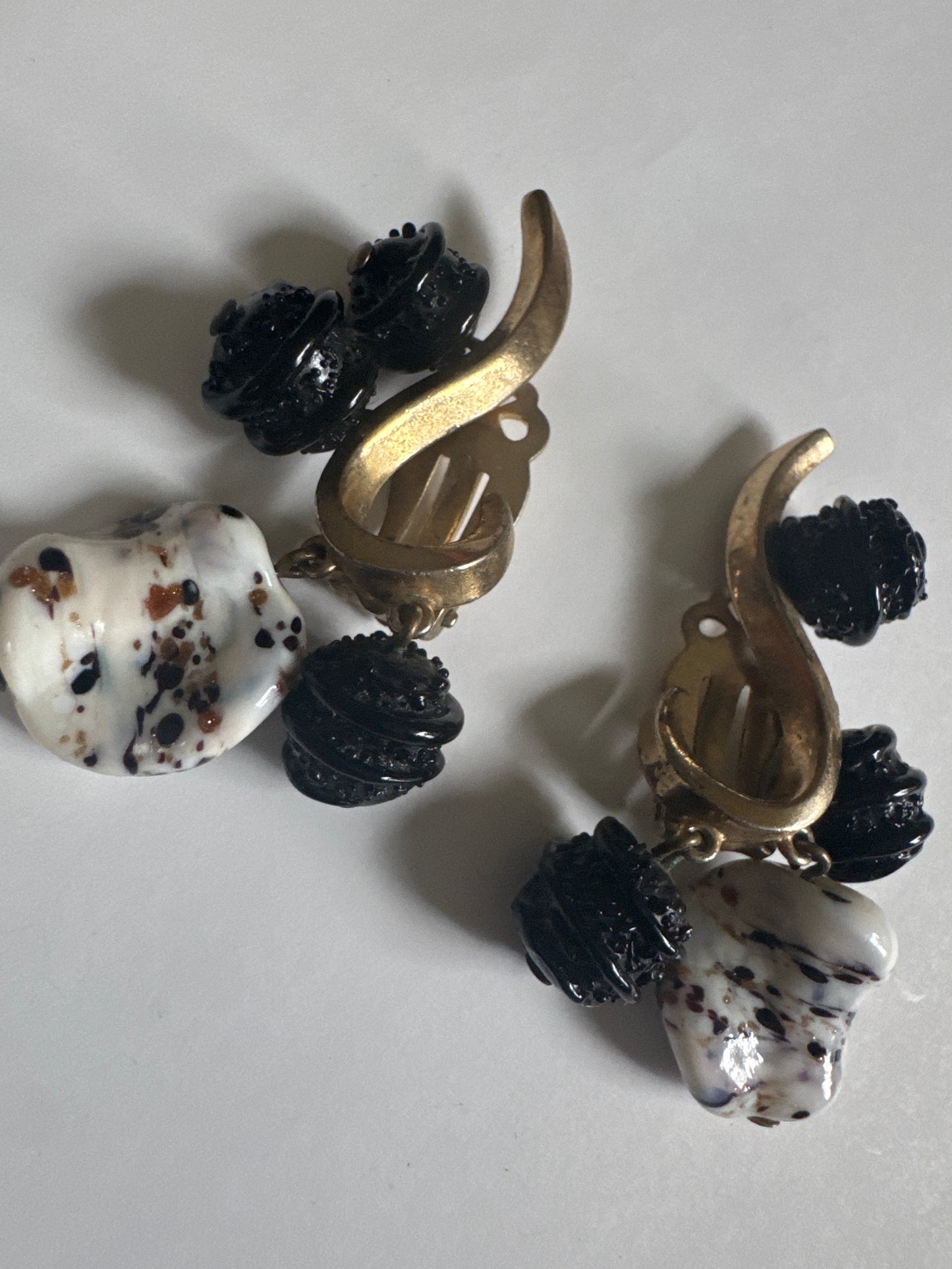 Rare 1930s signed SCHIAPARELLI earrings with black dangles and white Resnick bangle with black and white marble feel