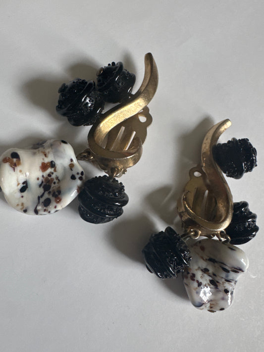 Rare 1930s signed SCHIAPARELLI earrings with black dangles and white Resnick bangle with black and white marble feel