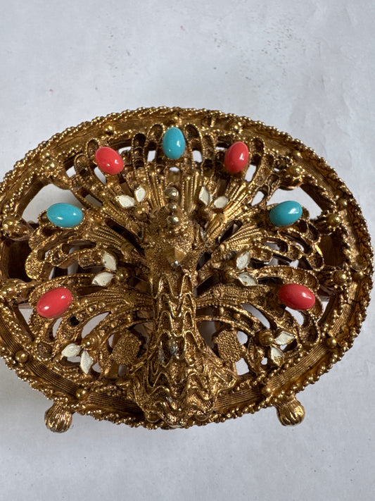 1960s vintage signed FLORENZA brass peacock lipstick holder with cabochons