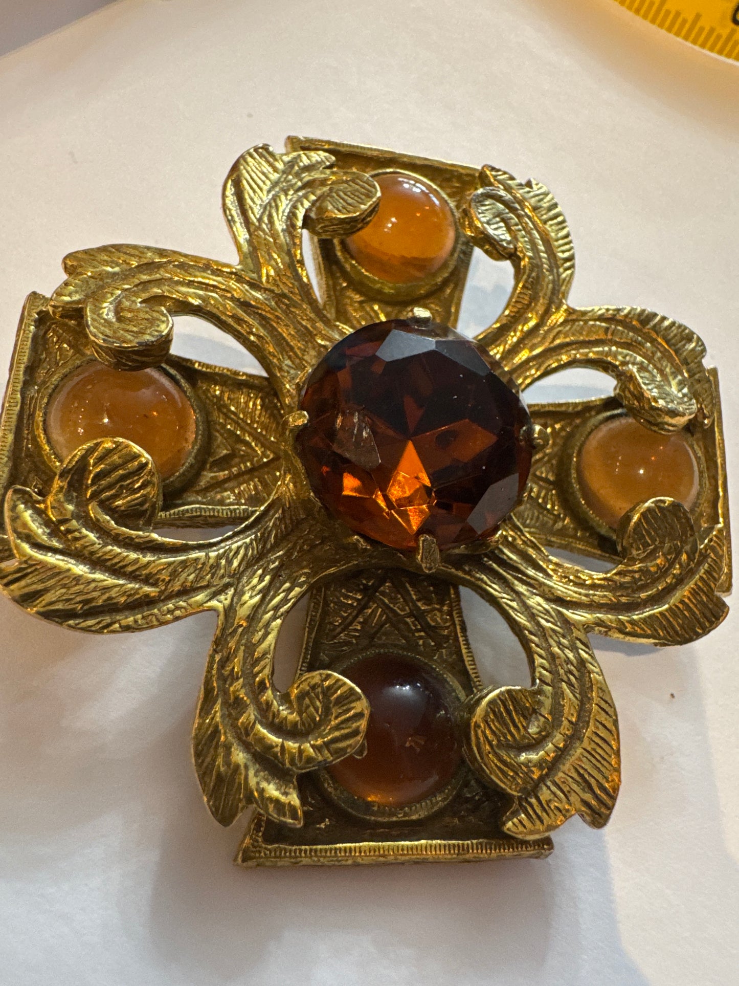 Heavy weight vintage signed 1960s 3-D BENEDIKT brooch with Amber stones