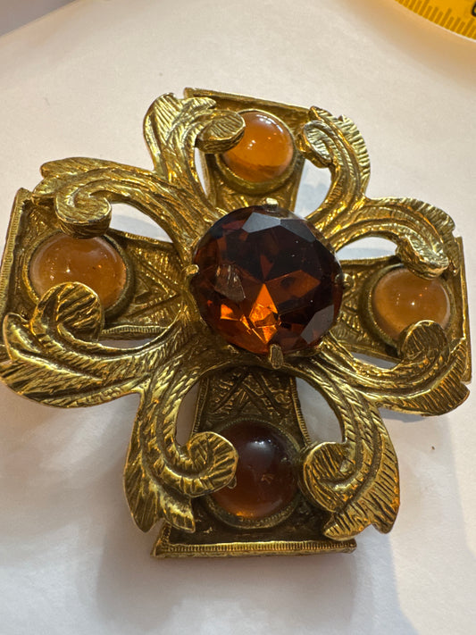 Heavy weight vintage signed 1960s 3-D BENEDIKT brooch with Amber stones