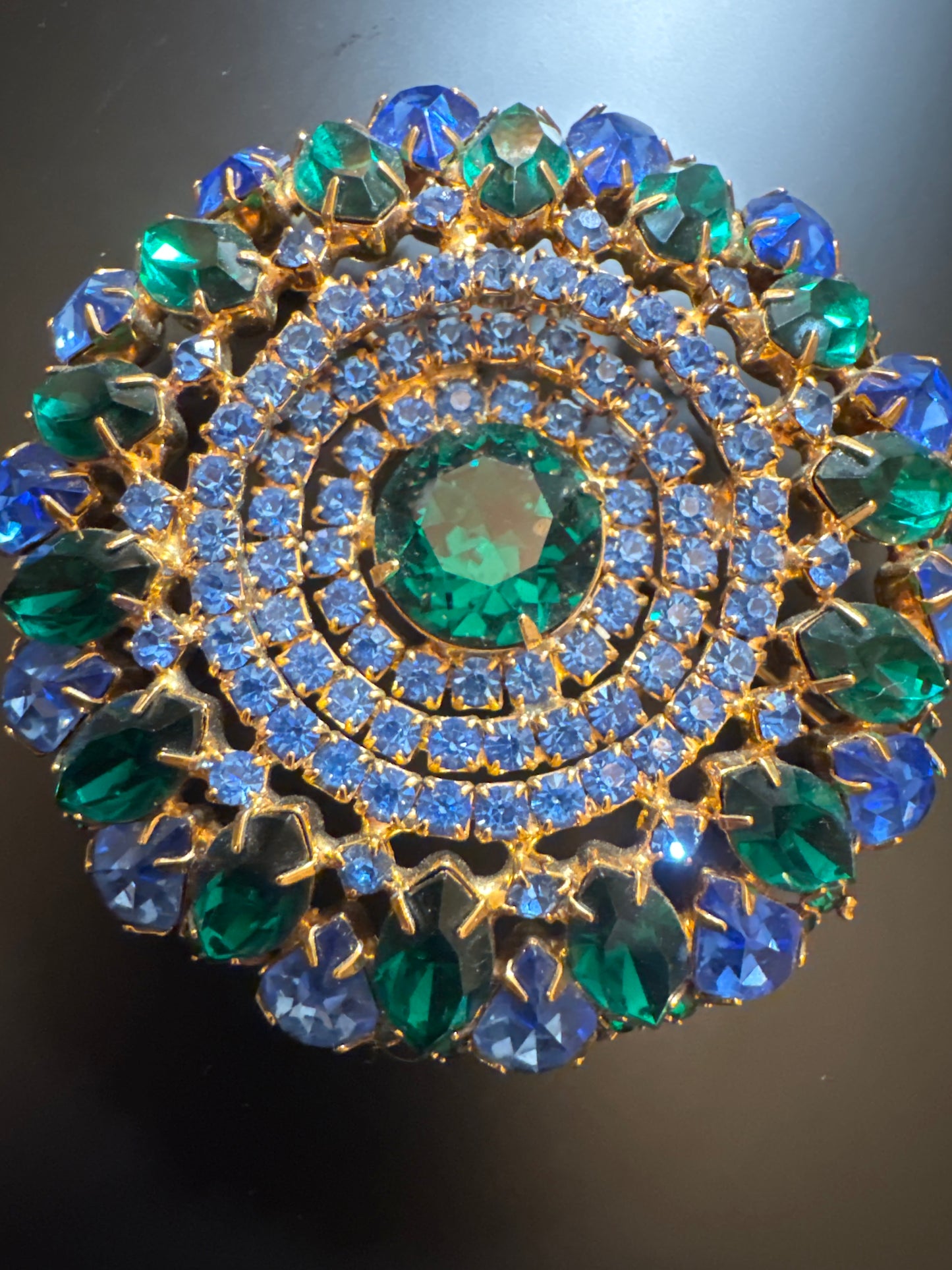 1940s large signed Hattie Carnagie blue and green rhinestone brooch