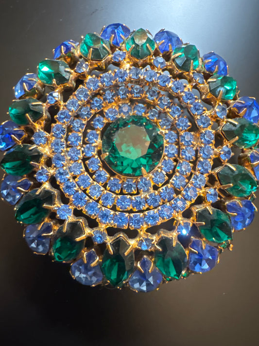 1940s large signed Hattie Carnagie blue and green rhinestone brooch