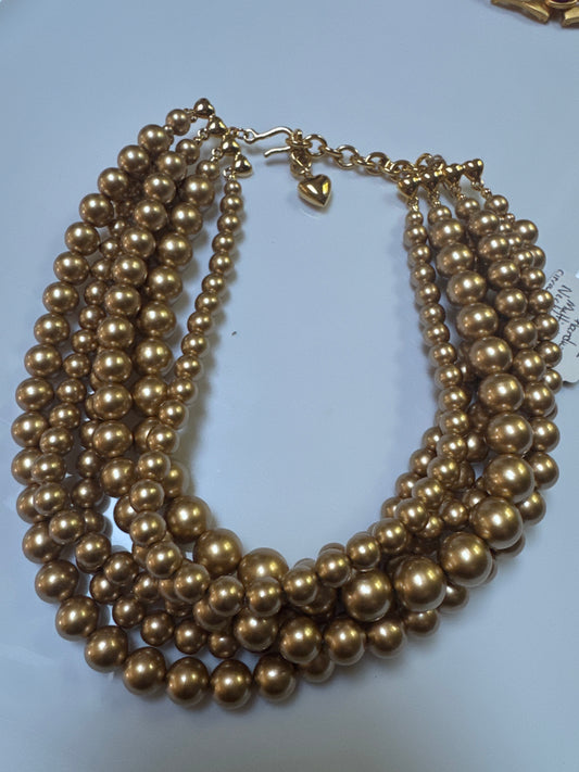 Vintage Carolee heart hardware multi strand matte gold bead necklace. Circa 1980