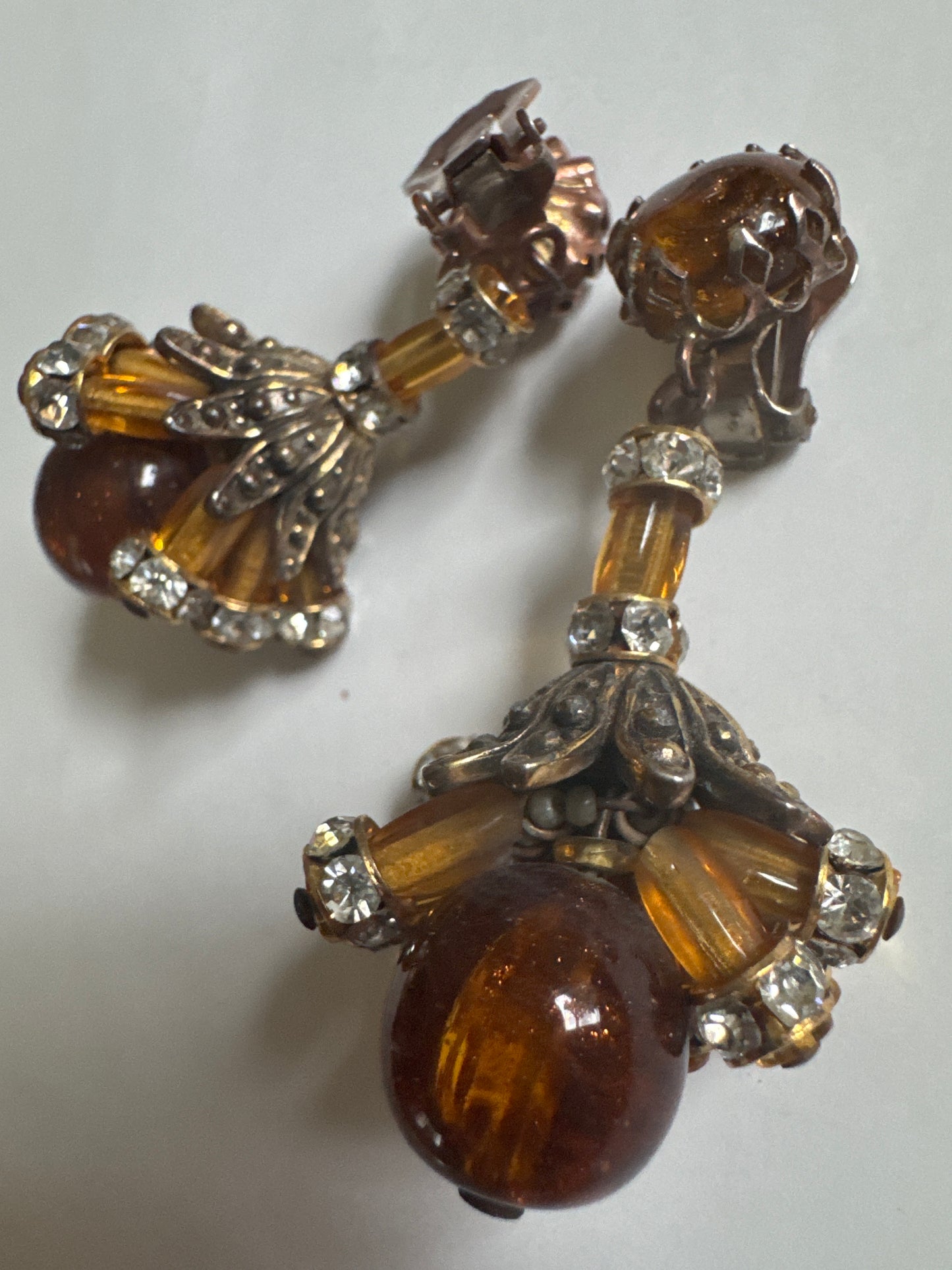 1930's absolutely beautiful sign SCHIAPARELLI Amber colored glass earrings with rhinestones and dangles