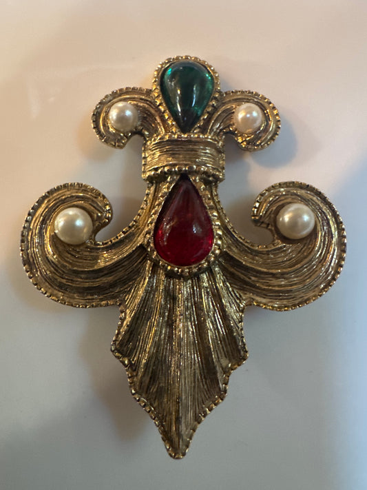 Vintage 1970s Fleur de Lis brooch with pearls and cabochon stones