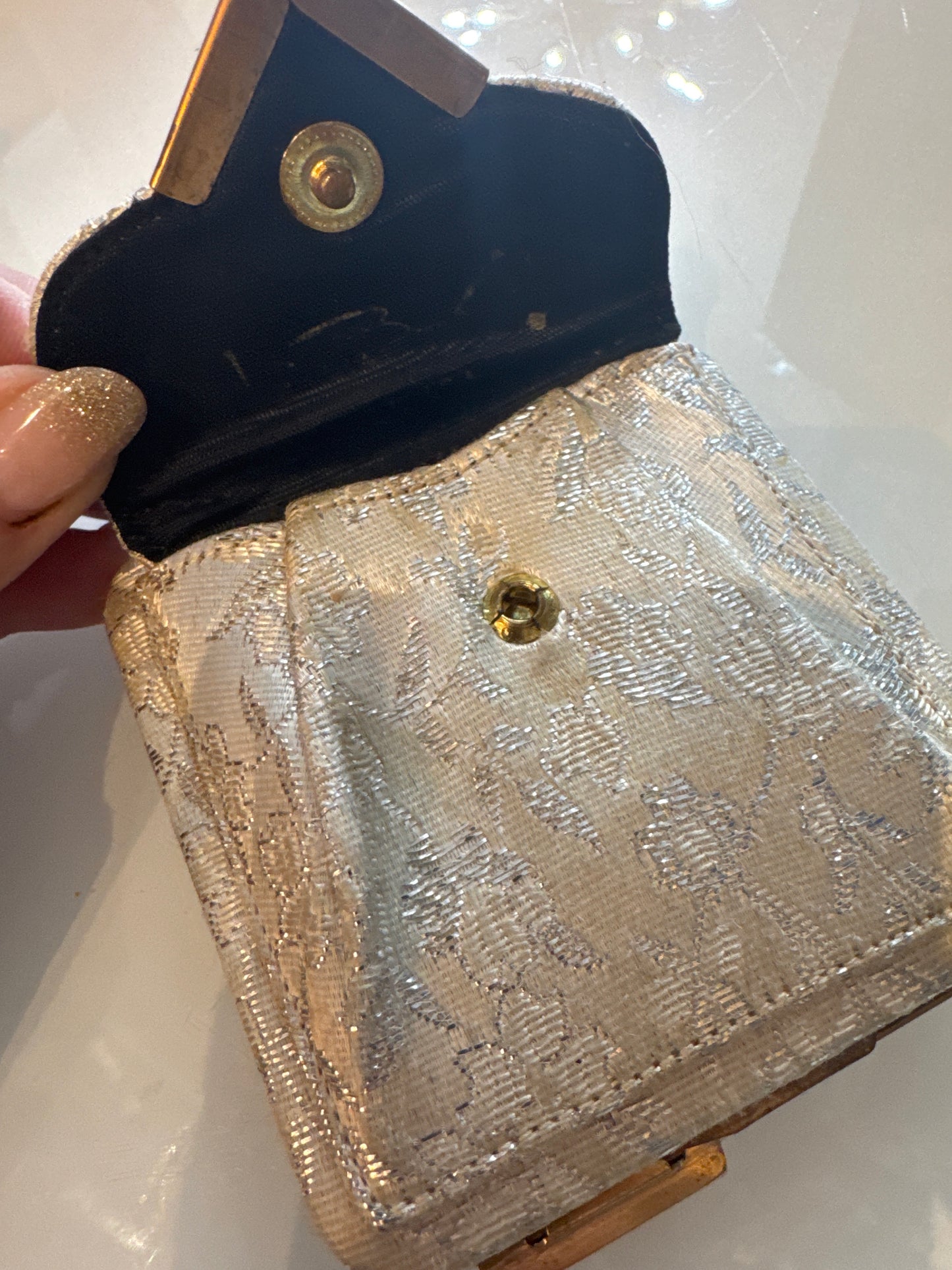 Beautiful brocade, Makeup, compact and coin purse with slide lock. Designed  in the 1950s by LIN BREN.