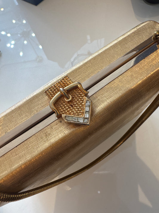 1970s lightweight hardtop gold VOLUPE box bag with gold snake chain handle. has original Alexander's price tag.