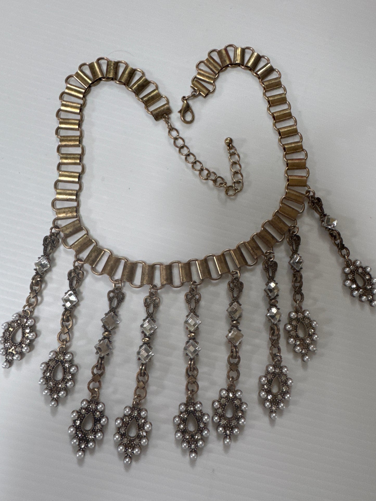 stunning vintage book chain necklace with dangling rhinestone and pearl detailing