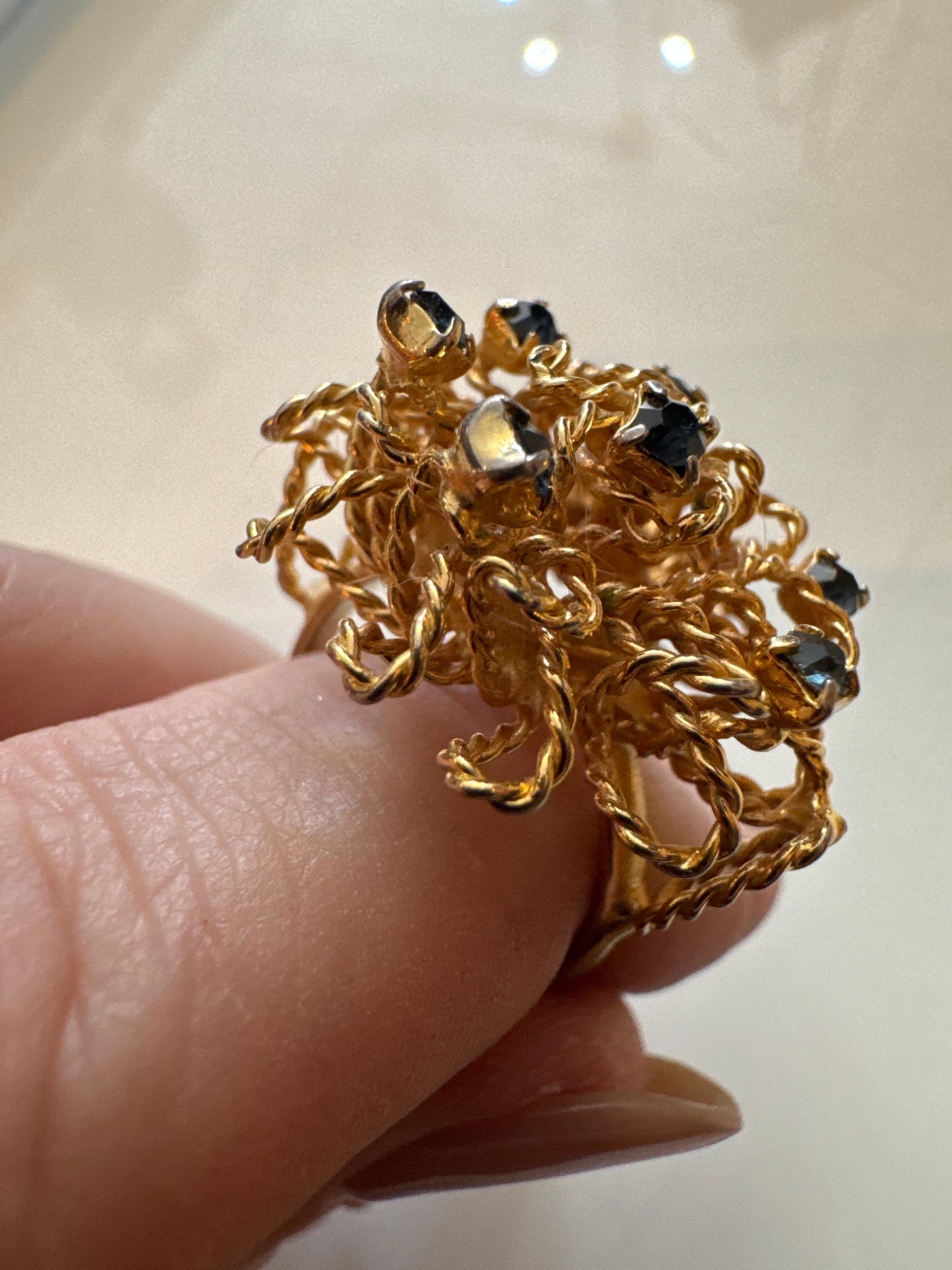 Brutalist style vintage cocktail ring with blue rhinestones