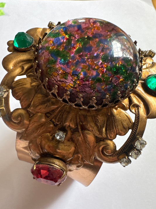 Vintage Rhinestone Cabochon Wide Statement Cuff bracelet. 2 3/8 wide.