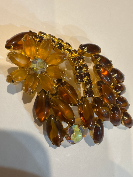 1940s amber colored navettes brooch with aurora borealis