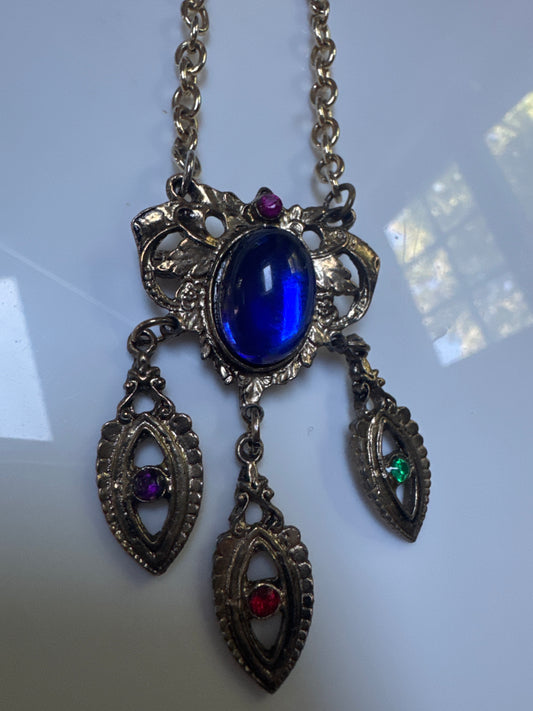 fun 1960s pendant necklace can also be worn as a brooch, gold tone with colorful cabochon stones