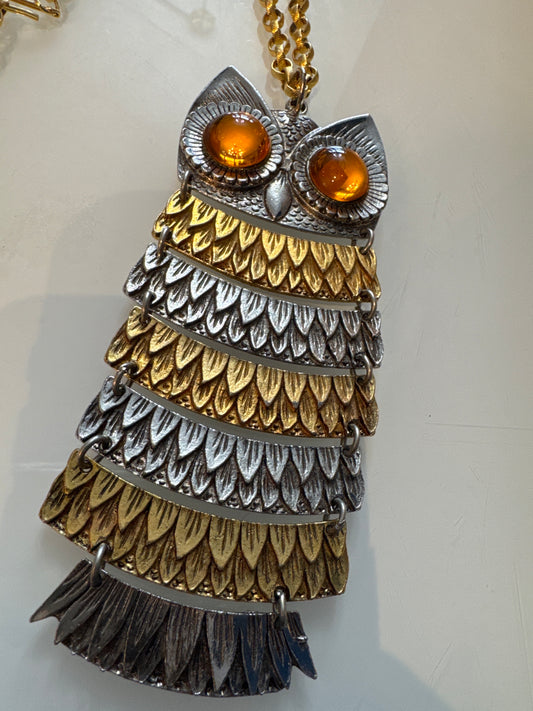 Vintage signed Park Lane ￼ articulated owl pendant necklace from the 1970s in gold and silver with cabachon amber eyes