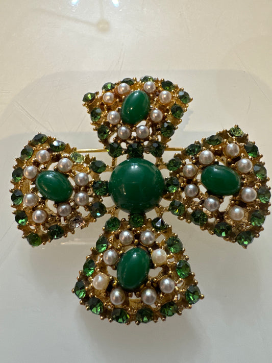 Beautiful WEISS Maltese cross with green cabochon stones, rhinestones, and pearls. NYC