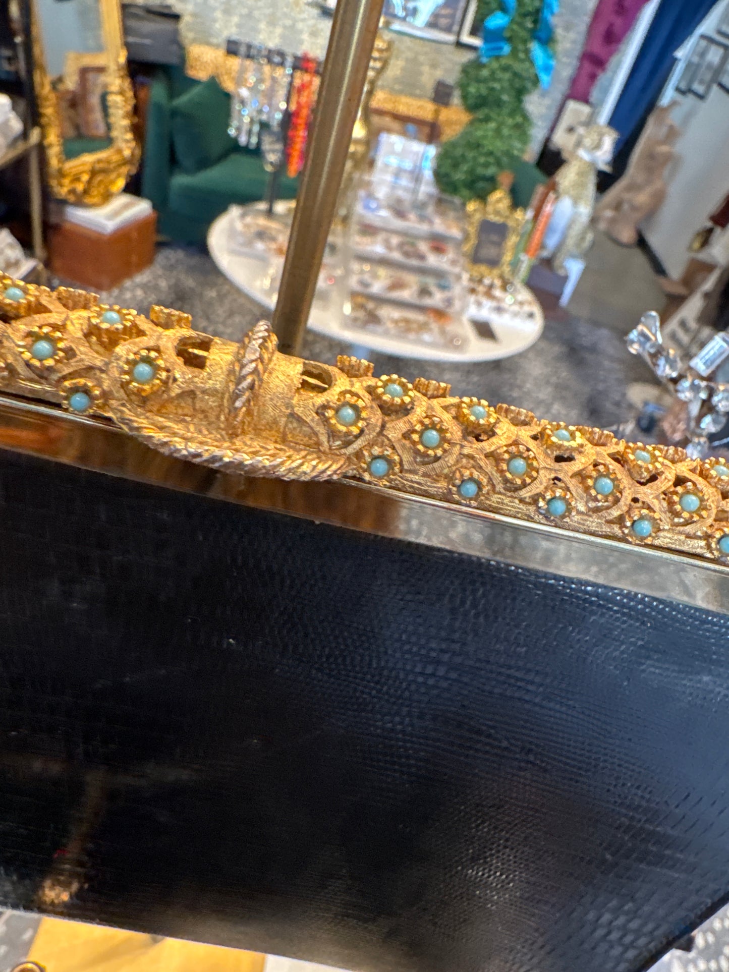 Absolutely gorgeous 1950s black lizard bag with stunning gold tone and turquoise hardware