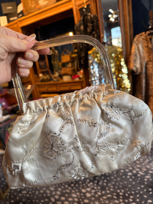 1950s stunning white satin bag with silver embroidery and lucite  top handle