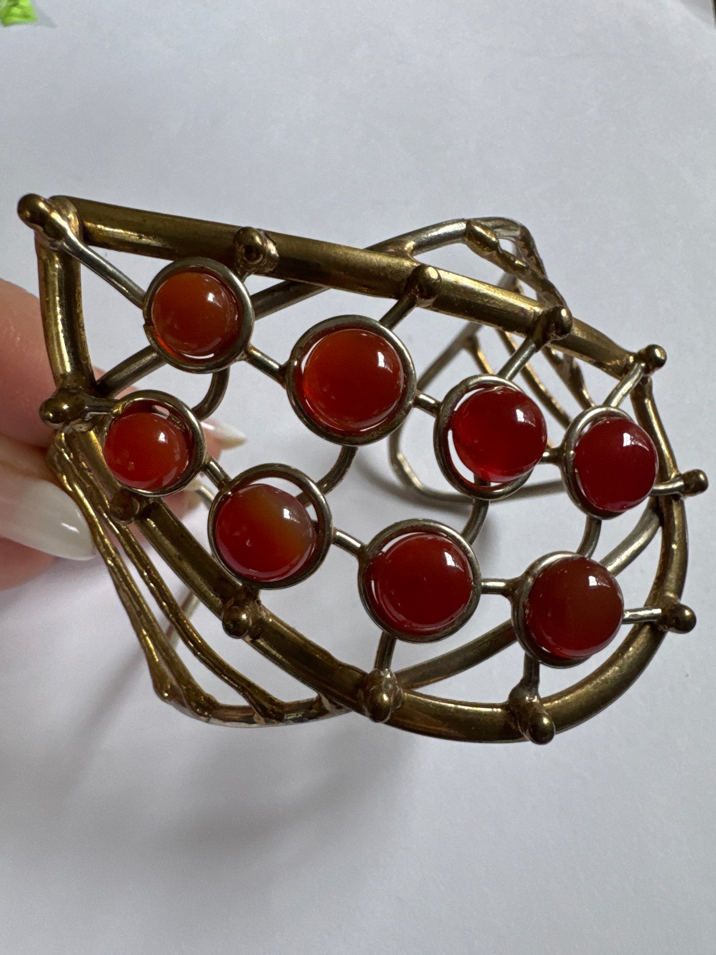 1970s vintage brass with carnelian stone cuff bracelet. 3 inches wide.