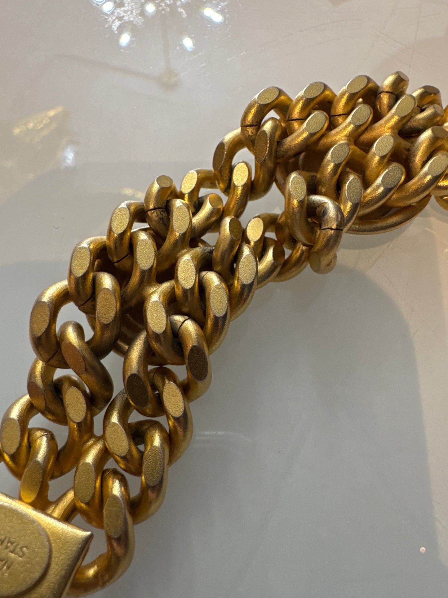 Beautiful 1980s heavy weight signed Natasha Stambuli gold tone matte link bracelet