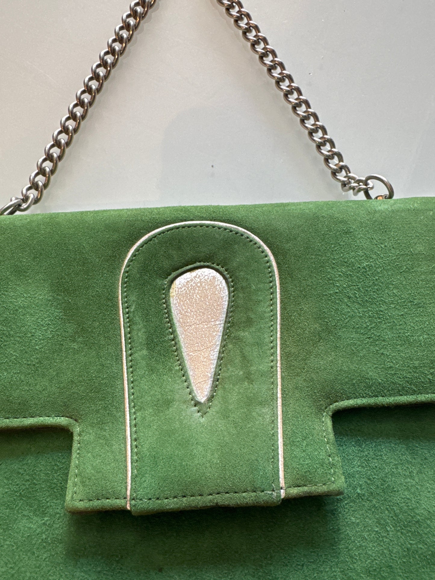 Beautiful vintage, green suede, and silver handbag