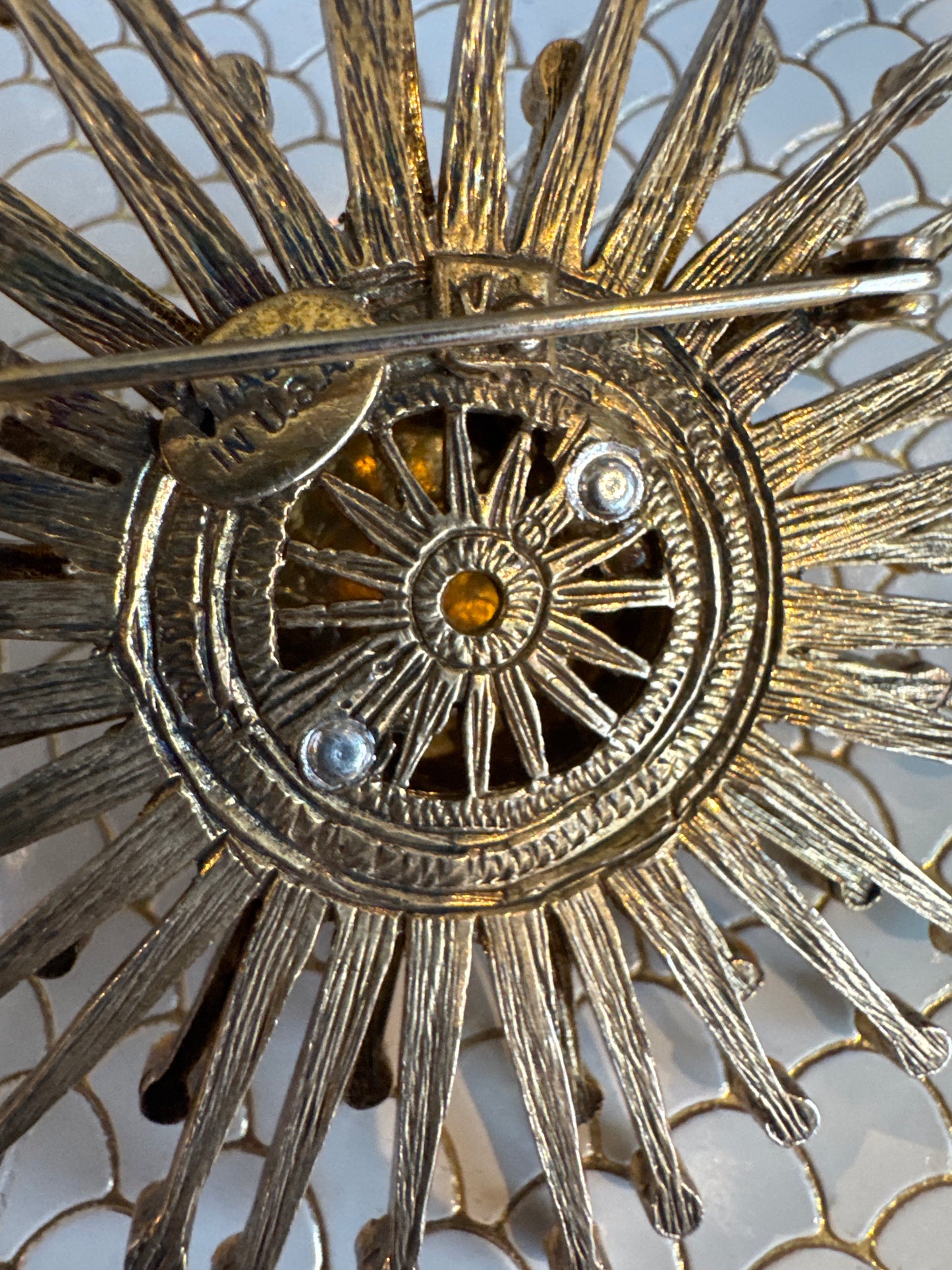 Beautiful 1960s Sputnick brooch with pearls and rhinestones. Marked made in USA.