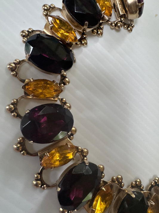 vintage rhinestone amethyst and amber colored book chain bracelet