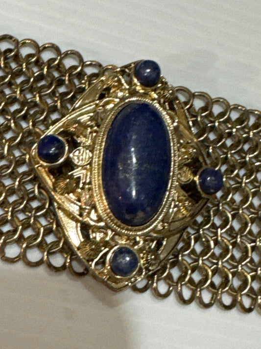 1960s gorgeous gold mesh link bracelet with blue glass cabochons. jackpot