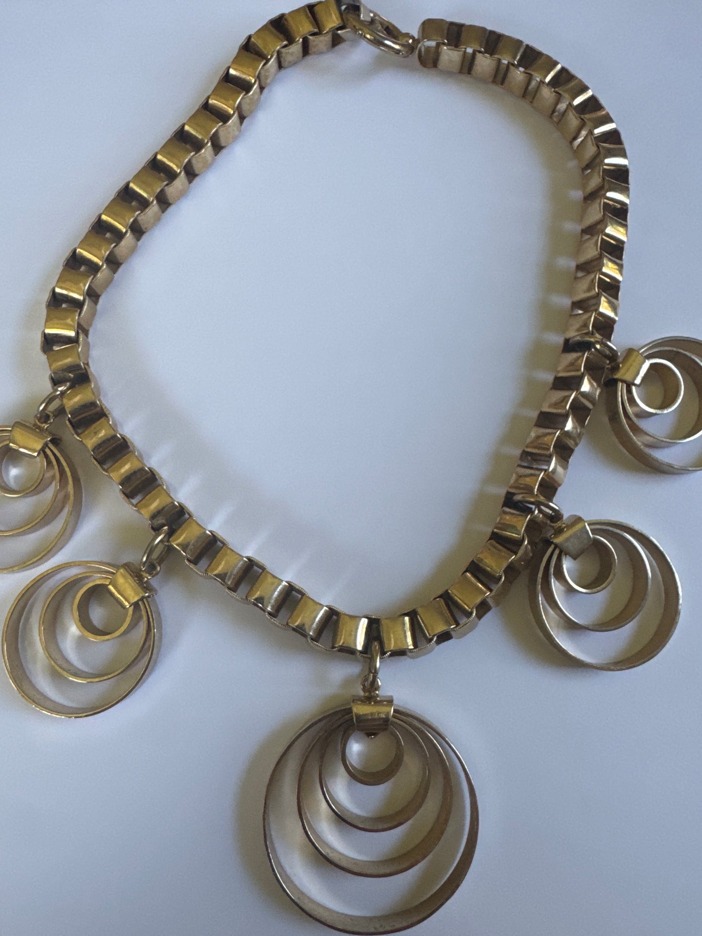 1960s signed NAPIER box link chain choker with dangle, circular swirls