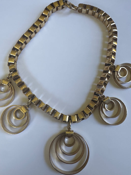 1960s signed NAPIER box link chain choker with dangle, circular swirls