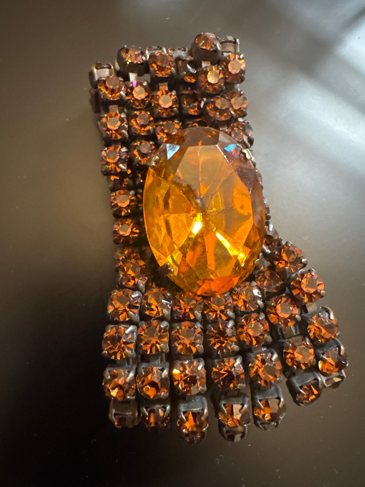 Stunning 1930s Amber colored fringe rhinestone fur clip signed Depose