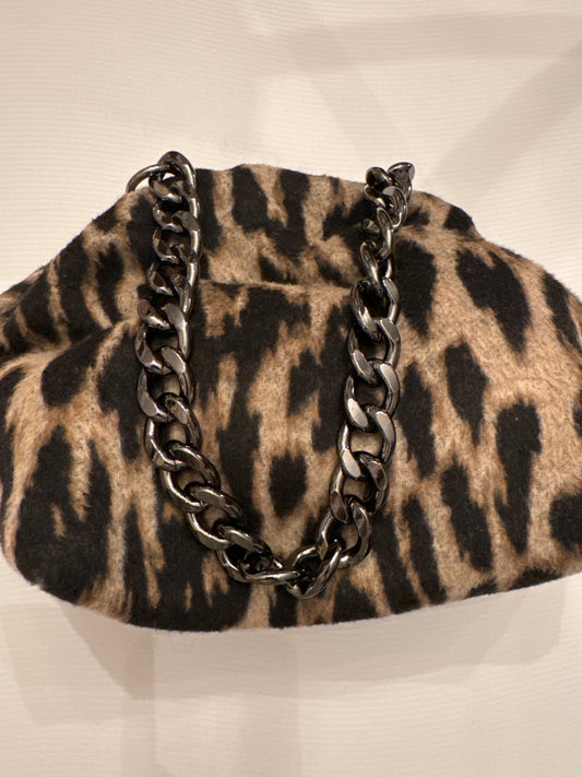 Exclusive Limited Edition Vavra New York cashmere/wool blend abstract leopard bag converts from clutch to shoulder strap with chunky chain shown. Black lining with interior pocket.