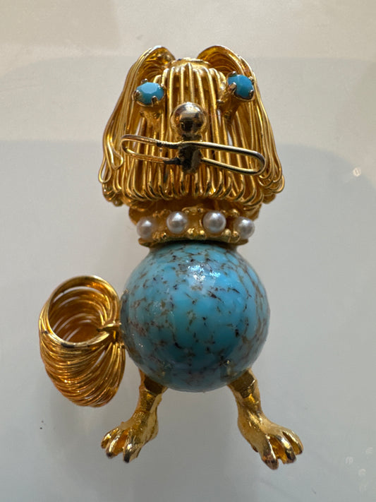 1950s adorable doggie figural brooch with pearl collar and turquoise cabbage on stone body with wire face￼