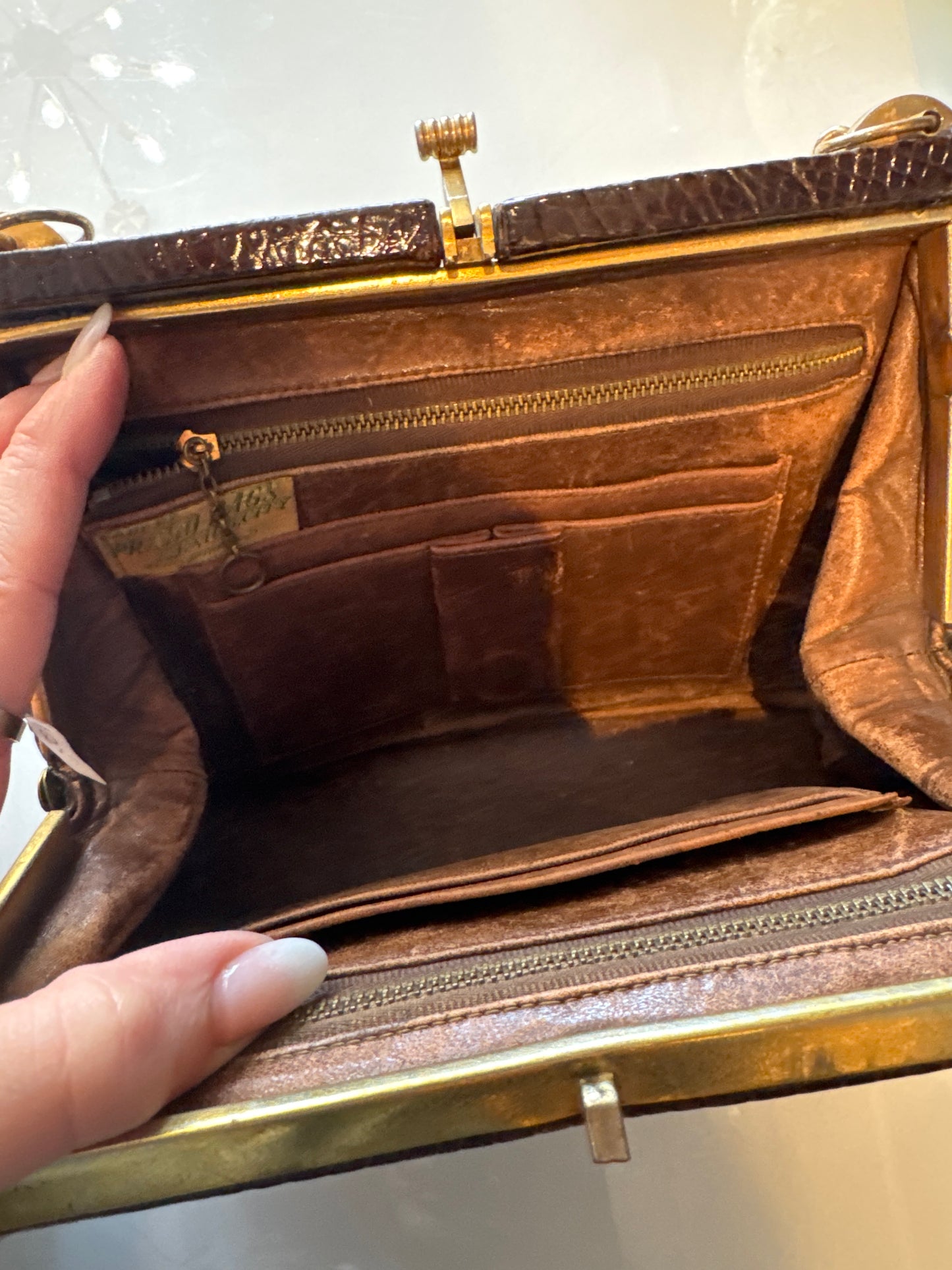 1940s alligator bag in beautiful condition, deep chocolate brown with gold hardware